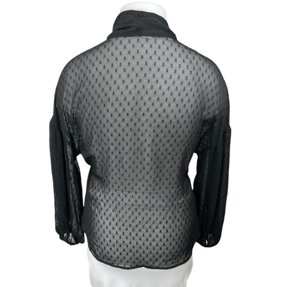 H&M Black Polka Swiss Dot Sheer Tie Neck Long Sleeve Button Up Blouse Top Sz 14 - Picture 2 of 3